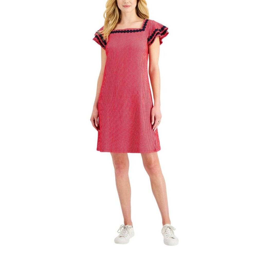 NWT Charter Club Womens Knit Crochet Trim Flutter-Sleeve Dress Red Barn Combo L